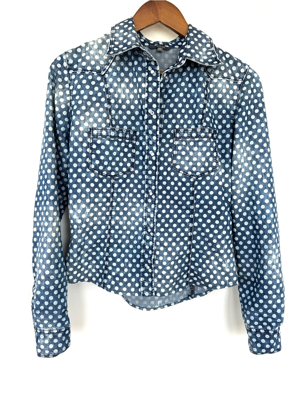 Guess Polka Dot Denim-Style Fitted Button Front Shirt Jacket - Blue & White